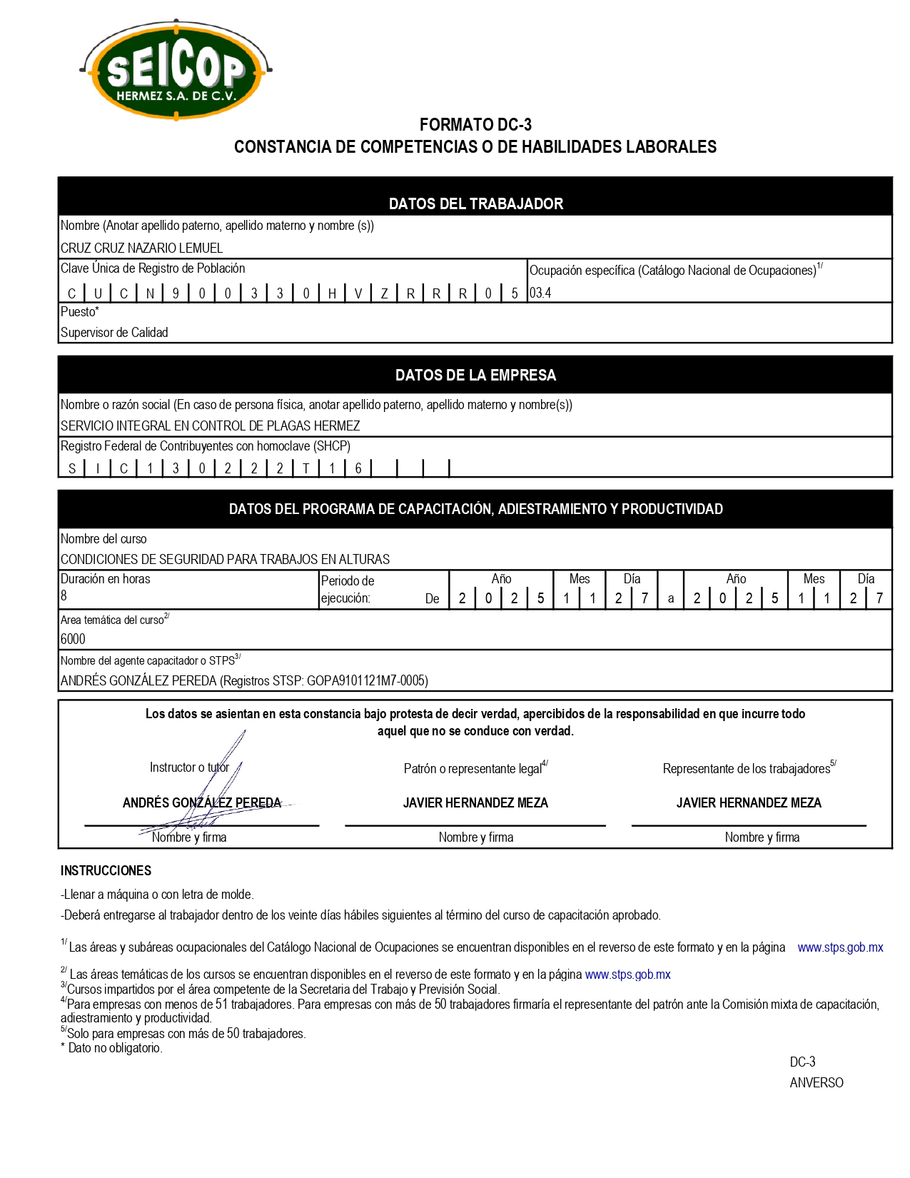 DC3 TRABAJO EN ALTURAS